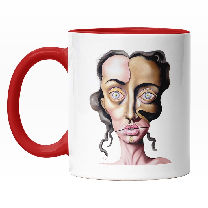 Cana Cu Portret Caricatura, Femeie Ochii Robot, Buza Mari, Multicolor 330 ml, Maner Rosu