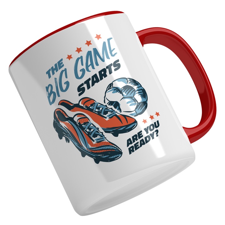 Cana Cu Pereche Adidasi Football Minge, Text In Engleza The Big Game Starts Are You Ready, Jocuri In Echipa, Multicolor 330 ml, Maner Rosu