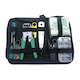 Set 10 instrumente de retea LAN, Darklove, Cu tester cabluri, cleste de sertizare, dispozitiv push-in, mufe, husa depozitare, 27x16x5.5cm, Otel, Negru