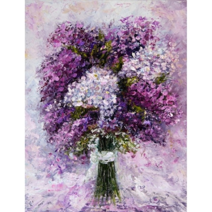 Tablou decorativ, de perete, cu rama din lemn, Flori, liliac, mov, pictura,33 x 24 cm