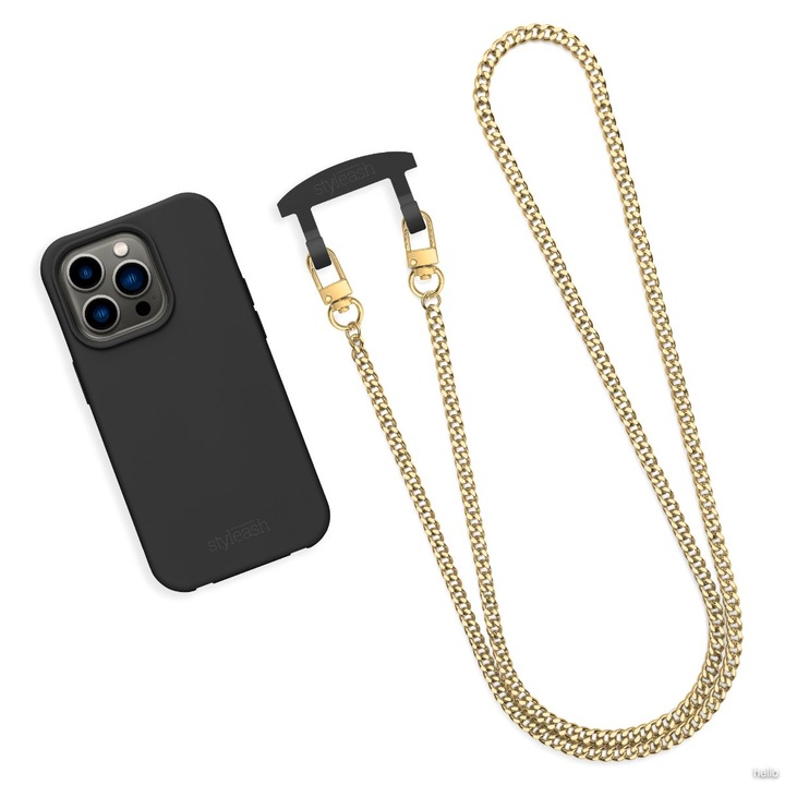 Husa de telefon cu lantisor metalic detasabil compatibila cu iPhone 14 Pro, Styleash, Black Gold