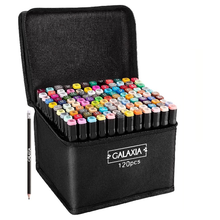 Set 120 markere duble GALAXIA®, Carioci profesionale, Cu cerneala pe baza de alcool, Multicolore