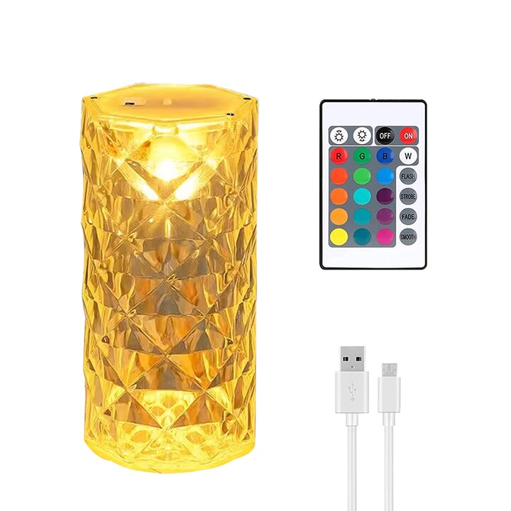 Lampa ambientala Cristal LED, Darklove, RGB 16 culori, Control touch, cu telecomanda, Reincarcare prin USB, Acumulator 500mah, pentru dormitor camera de zi petrecere cina decor, 7.5 x 16cm