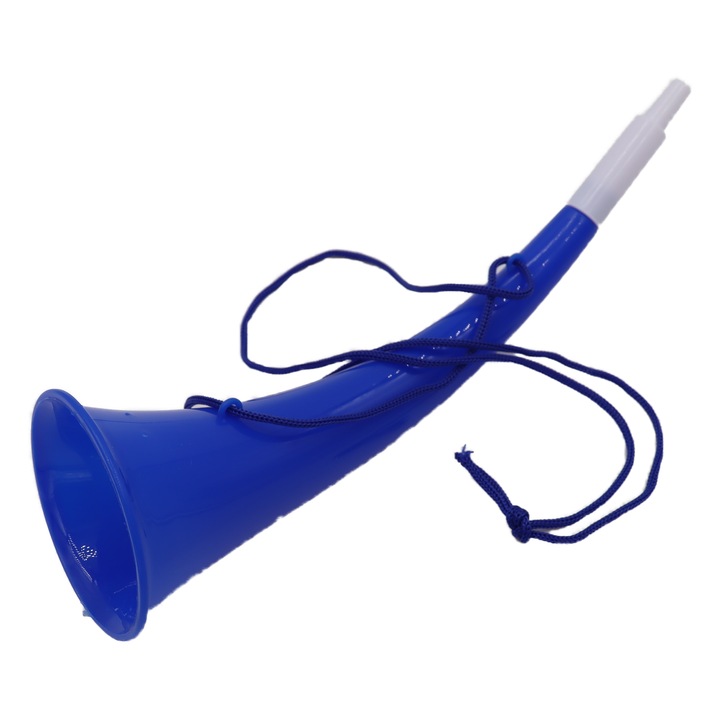 Goarna Curbata, Vuvuzela, Tip Corn, Pentru Petreceri, Evenimmente, Albastra, Varf Alb, 27 cm Dalimag