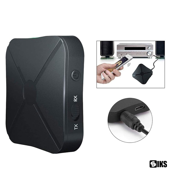 Transmitator si receptor audio KN319 SIKS, 2 in 1, fara Fir, Compatibil Bluetooth 5.0, Audio stereo, Jack 3,5 mm, pentru PC, TV, Laptop, Masina, Negru