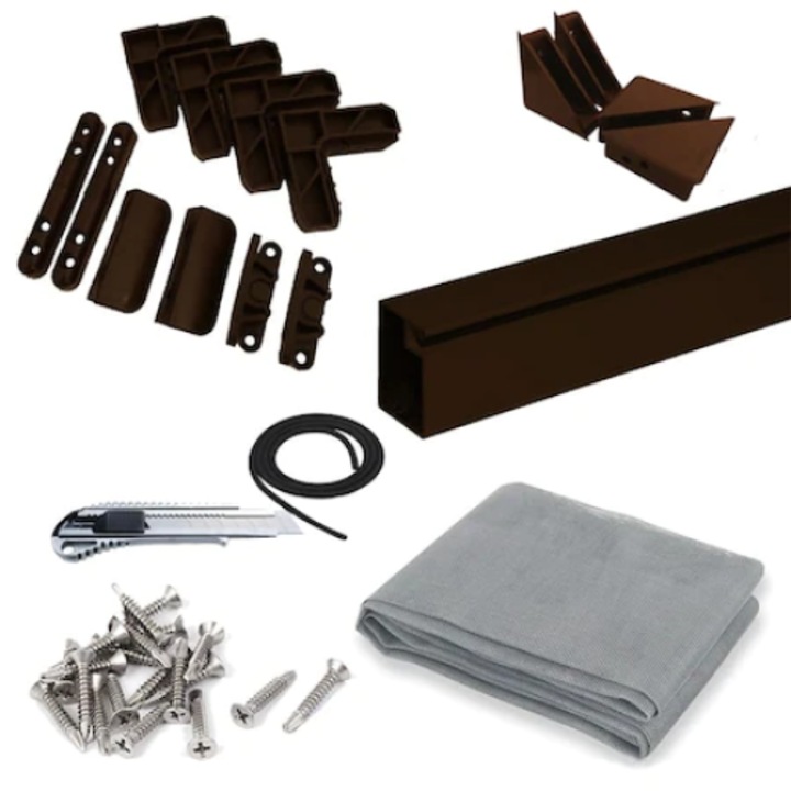 Set complet plasa tantari pentru usa, pe balamale, 200X100 cm, Maro inchis RAL8019. 24 piese