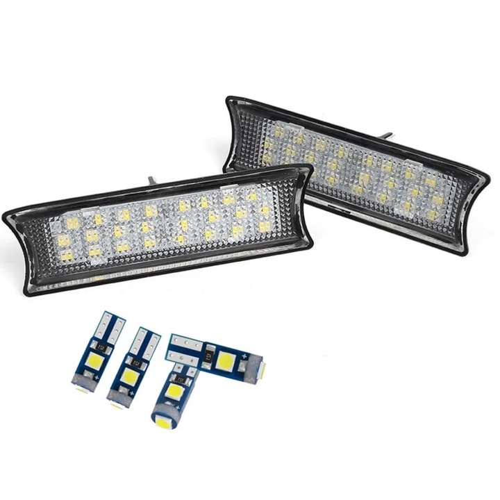 Комплект Осветление AutoREY®, 2 LED Плафона за Отпред и Отзад + 4 T10 Крушки, Съвместими с BMW E90/E91/E92, CANBUS Без Грешки, Бяла Светлина, Лесен Монтаж, Висока Яркост и Издръжливост