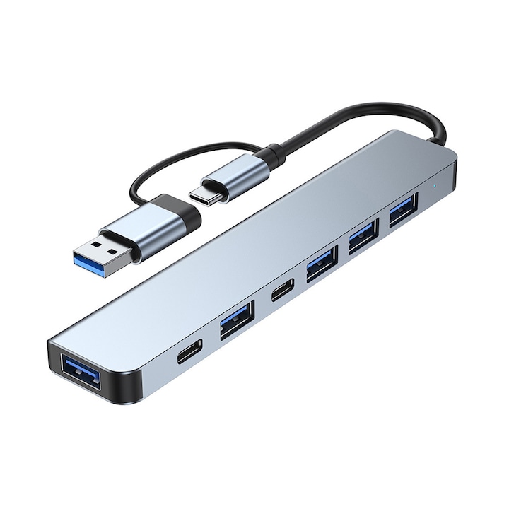 Darklove 7 az 1-ben hub, 1 X USB 3.0/4 x USB 2.0/1 X USB-C, Plug and Play, Tápellátásjelzővel, Kompakt kialakítás és erős kompatibilitás, 14,5X2,8X1,1 cm, Alumínium/ABS, Ezüst