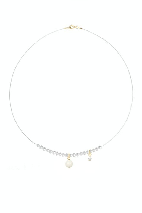 Colier la baza gatului din fir transparent de silicon cu perle din scoica si pandantive din perle si accesorii din Argint 925 placate cu aur 24k