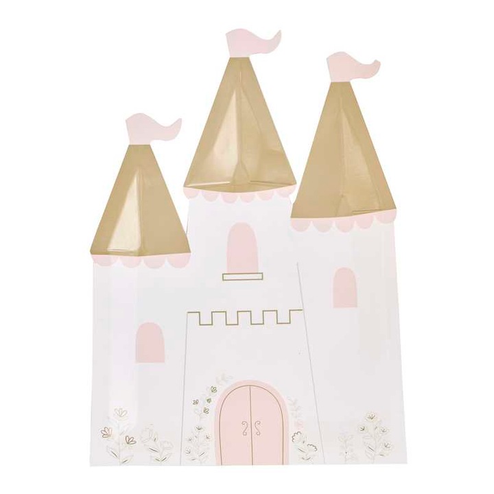 Set 8 farfurii roz de carton "Princess Party", 21 x 14 cm