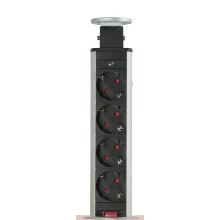 Distribuitor 4 prize Mercaton® cu protectie pentru copii, Carcasa Metalica, Montare pe Blat, Sistem Pop-Up, 250 V, 60 x 370 mm, Argintiu