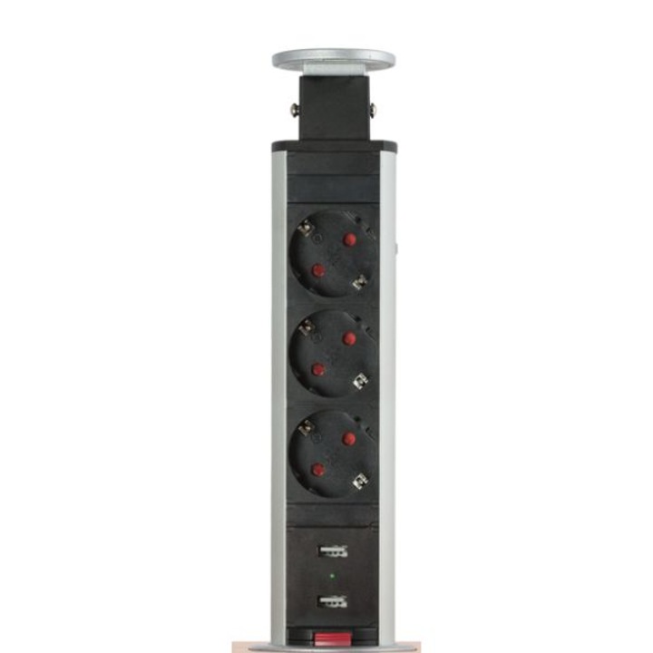 Elosztó 3 Mercaton® aljzat gyermekvédelemmel és 2 USB aljzat, Fém ház, Munkalapra szerelhető, Pop-Up rendszer, 230 V, 60 x 350 mm, Ezüst