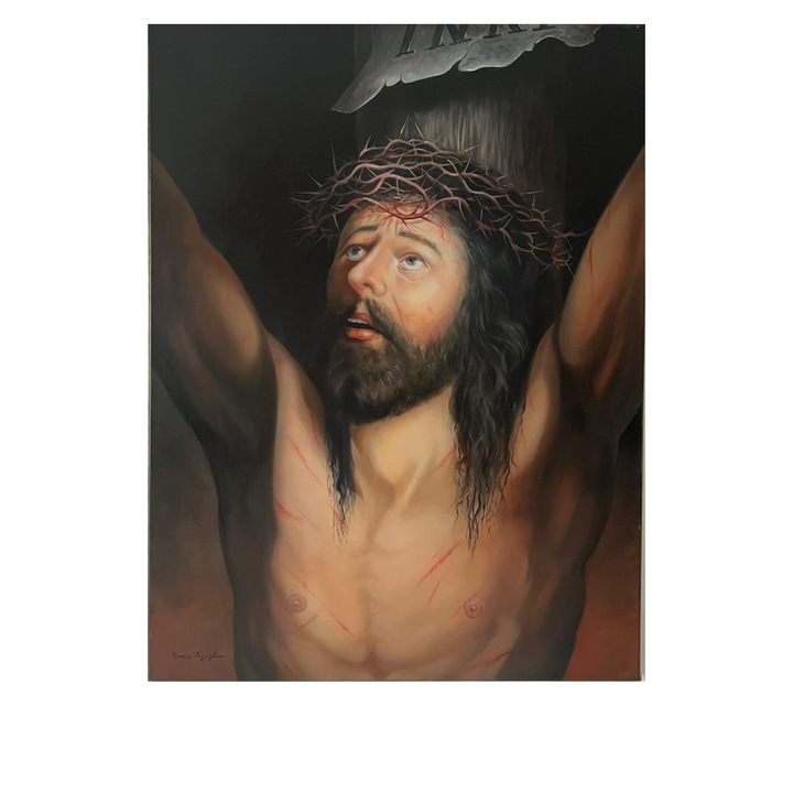 Tablou Portretul Mantuitorului Iisus Hristos, Dimensiune 60x80 cm, Tehnica clar obscur in ulei pe panza, Pictat manual si semnata George Tanasa