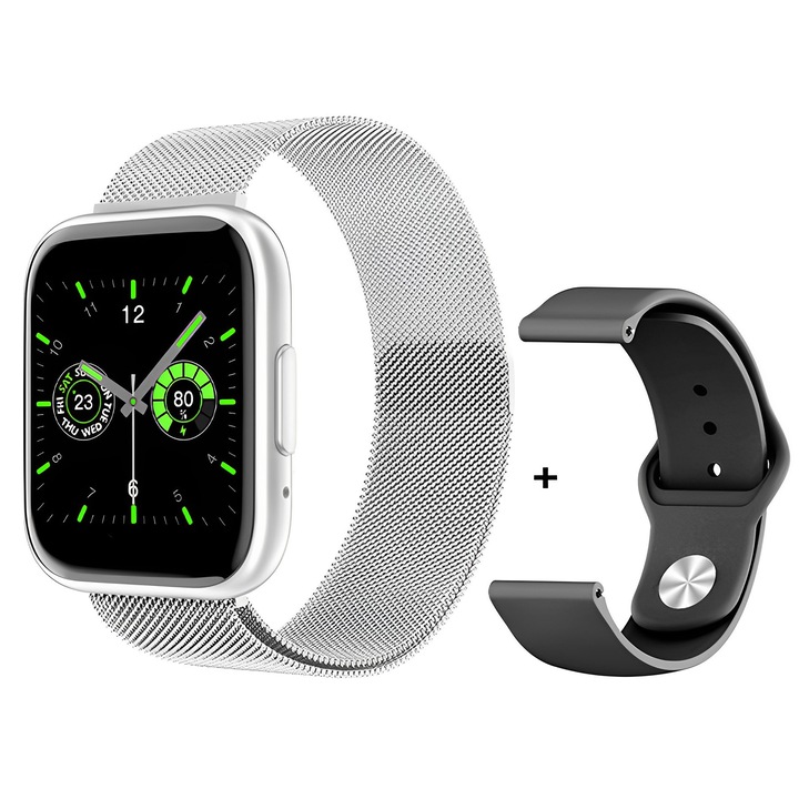 TimeS™ Collection IdealStore okosóra, 1,55 hüvelykes érintőképernyő, Bluetooth hívásfogadás, üzenetek és közösségi hálózatok értesítései, alvásfigyelés, vérnyomás, Multi-Sport, Android-IOS, Silver Edition, 2 karkötőt tartalmaz