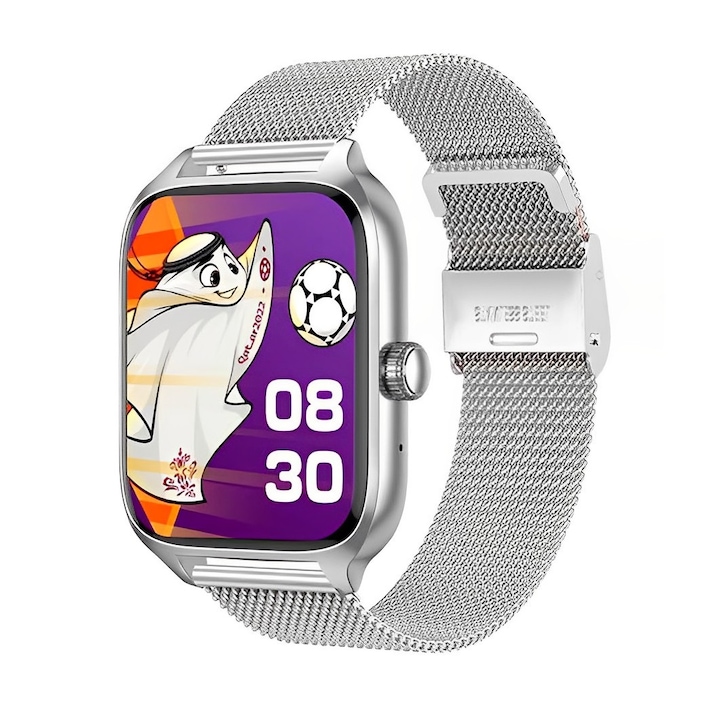 SmartWatch idealStore XiaBest, Apel Bluetooth, NFC, Asistent Vocal, urmarire GPS, Moduri sportive, Senzor Oxigen Caldura, Incarcare fara Fir, Frecventa Cardiaca, Tensiune Arteriala, Parola, Memento Menstrual, Curea Silver din Metal