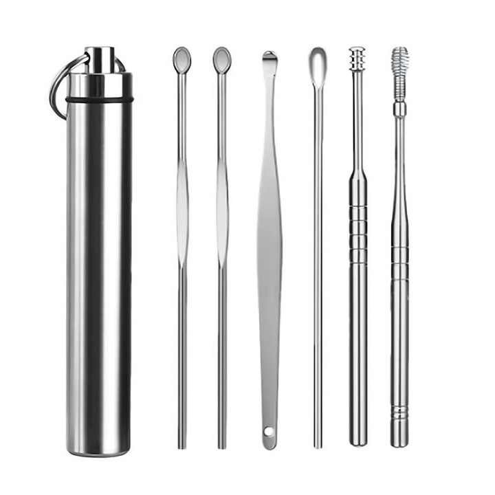 Set complet pentru curatarea, ingrijirea si igiena urechilor, 6 bucati, AEWOYAD, Otel inoxidabil, Argintiu