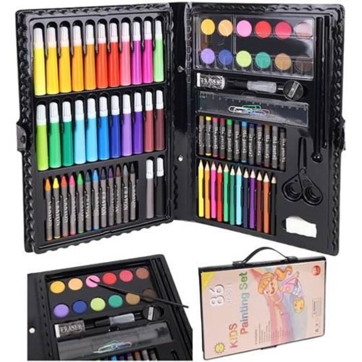 Set pictura si desen pentru copii, trusa plastic neagra, 86 piese, Isotrade