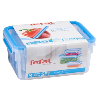 Set caserole Tefal Clip&Close, Plastic, 3 bucati, inchidere etans, incalzire cuptor cu microunde, 0.55-2.3L Set caserole Tefal Clip&Close, Plastic, 3 bucati, inchidere etans, incalzire cuptor cu microunde, 0.55-2.3L