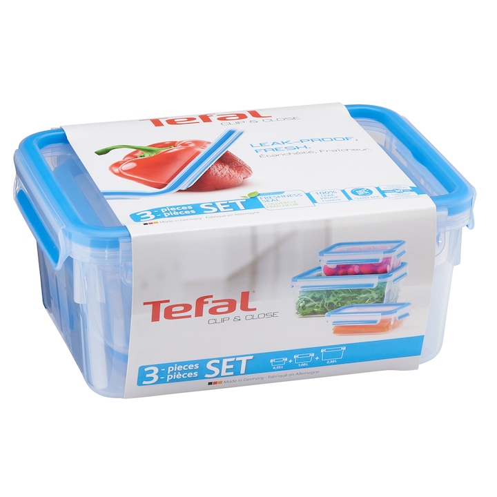 Кутия за храна Tefal Clip&Close, Пластмасова, Употреба в микровълнова, 3 бр, 0.55-2.3 л