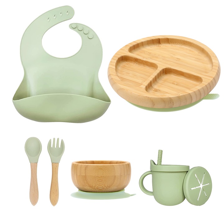 MORIASTER® Комплект за хранене на бебе от 7 части, бамбукови чинии и купи, Зелен