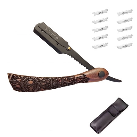 Brici pentru barbierit Sincise cu 10 lame, maner de lemn si otel inoxidabil, husa piele, negru-maro