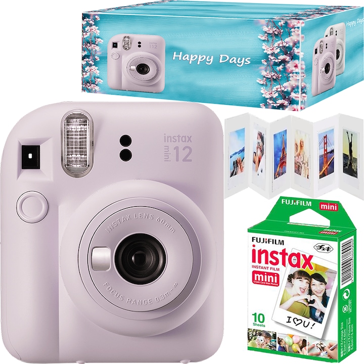 Комплект фотоапарат Fujifilm Instax mini 12, Lilac Purple с 10 филма, рамка акордеон и кутия Happy Days