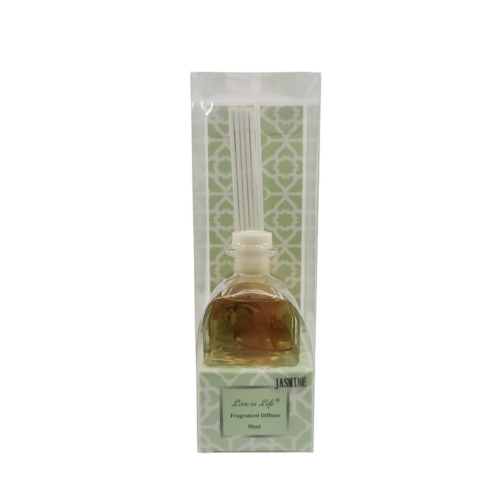 Szobafrissítő Love is Life Mandala Scent, jázmin aroma, 50 ml, átlátszó flakon, rudak mellékelve, Doty®️