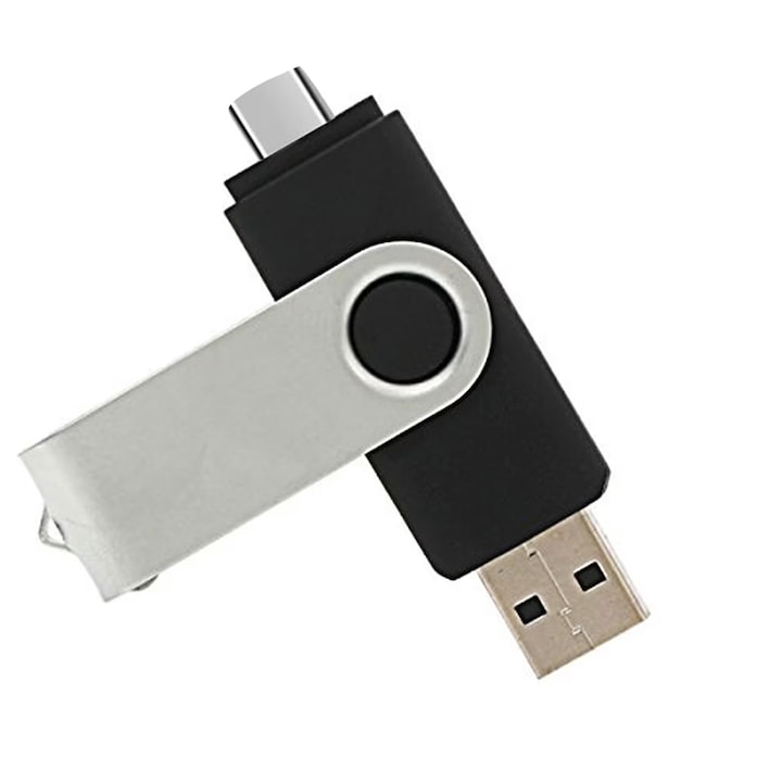 Stick Memorie Bigshot, 16 GB, 2 IN 1, cu USB 2.0 si Type-C, Rotativ 360⁰, High Speed, Gri/Negru