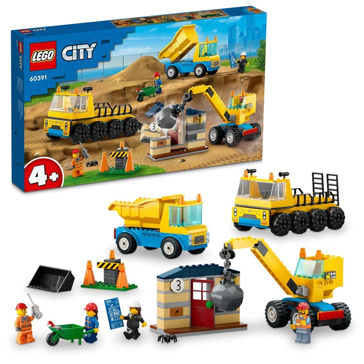 LEGO® City - Строителни камиони и кран с разбиваща топка 60391, 235 части