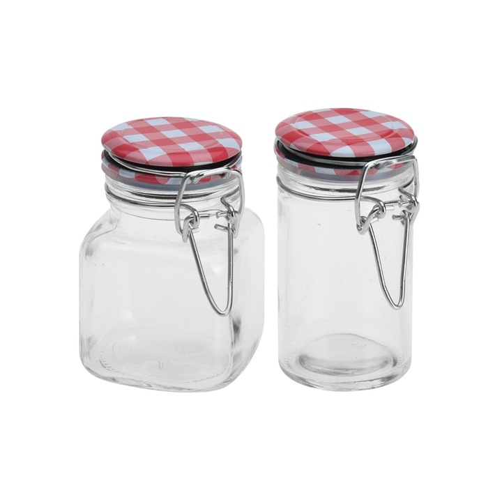 Set 2 recipiente depozitare condimente Excellent Houseware, sticla metal, 5x8 cm, 90 ml, rosu