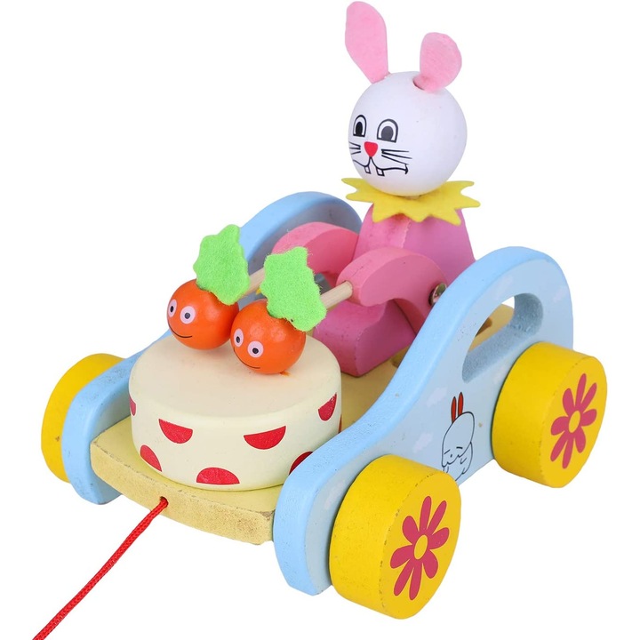 Играчка Ahelos, Заек, За дърпане, Дървена, Мнгоцветна