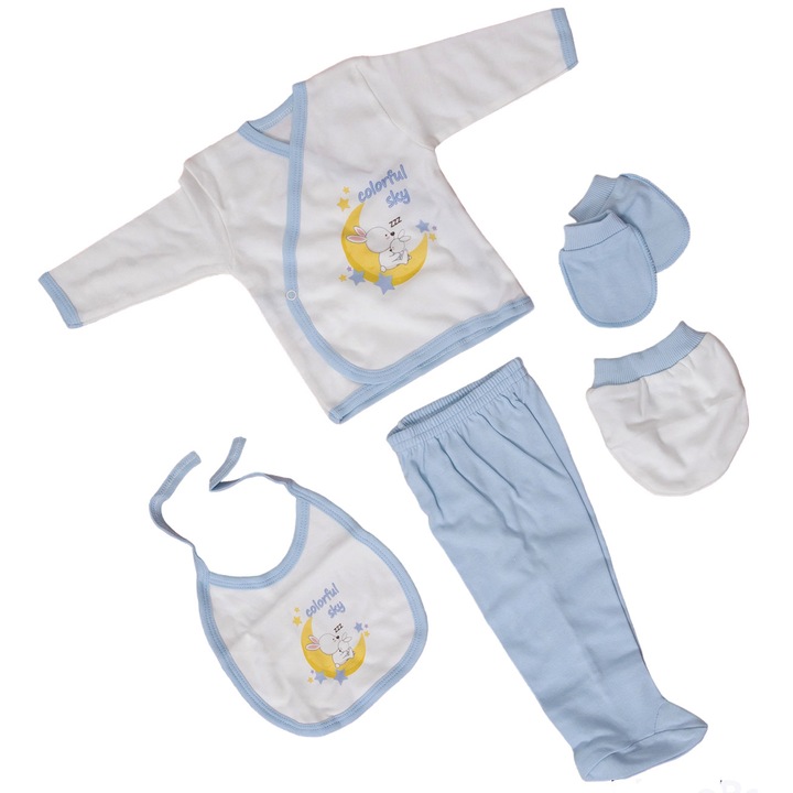 Set Compleu 5 piese pentru Bebelusi, BALENO model Colorful Sky, din Bumbac Natural 100%, varsta 0-3 luni, Alb/Albastru deschis AK7457