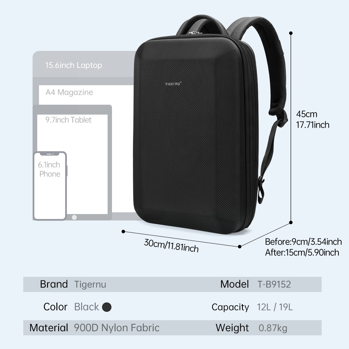 Rucsac laptop 15.6" business cu carcasa rigida din material impermeabil, expandabil, TIGERNU, 30x9/15x45 cm, Negru