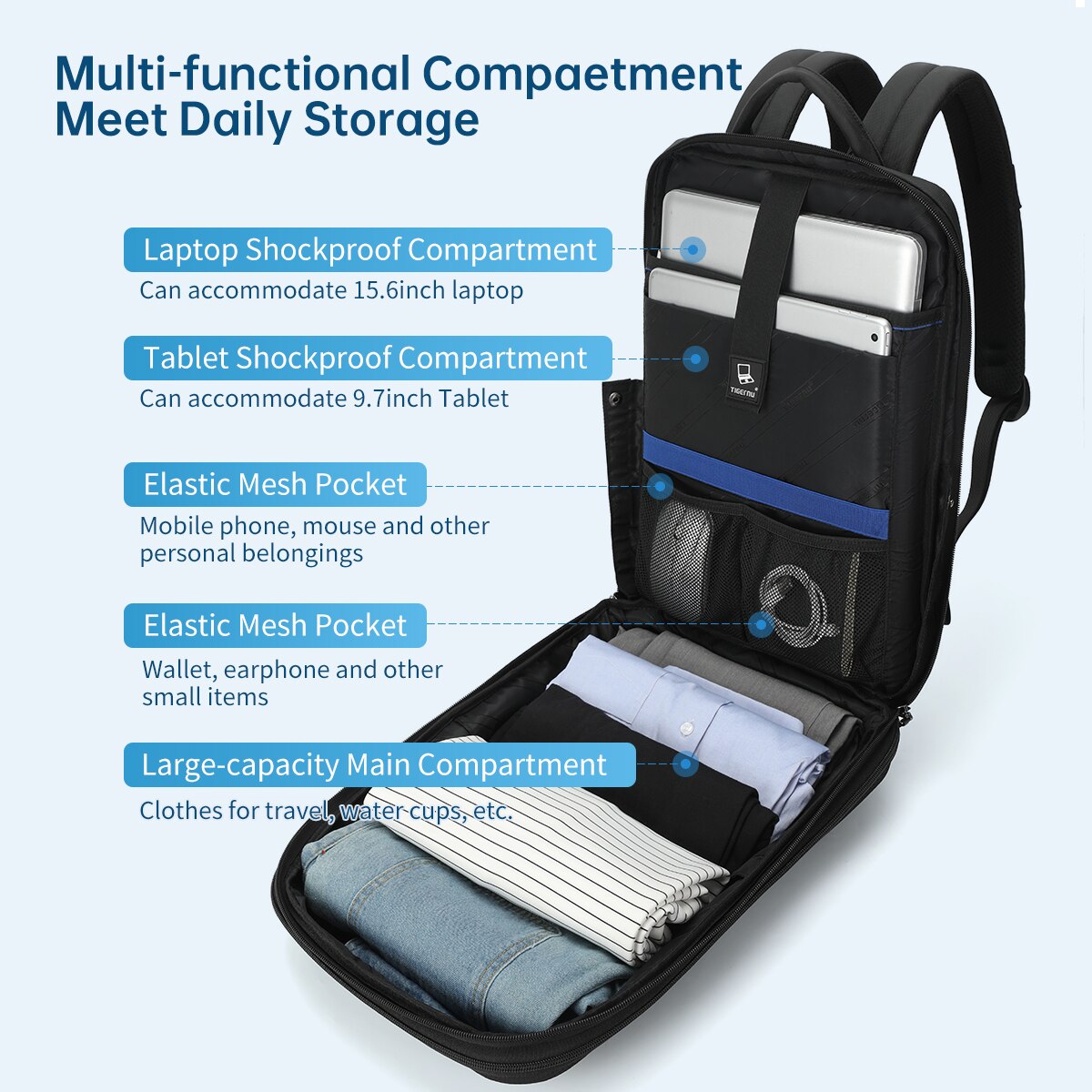 Rucsac laptop 15.6" business cu carcasa rigida din material impermeabil, expandabil, TIGERNU, 30x9/15x45 cm, Negru