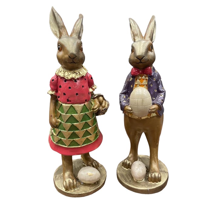 Комплект декоративни фигури LIYA'S HOMESTYLE, Двойка великденски зайчета, 11x32 см, Разноцветни, 2 бр