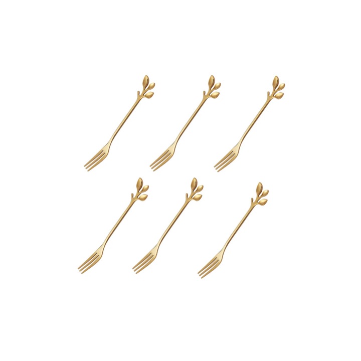Комплект от 6 десертни вилици Blusmart, плодове, неръждаема стомана, листообразна дръжка, златисти, 13 см