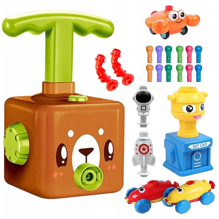 Jucarie de umflat baloane pentru copii SOLTOY® Ursuletul cu masinute, lansator, crab, racheta, baloane si accesorii incluse