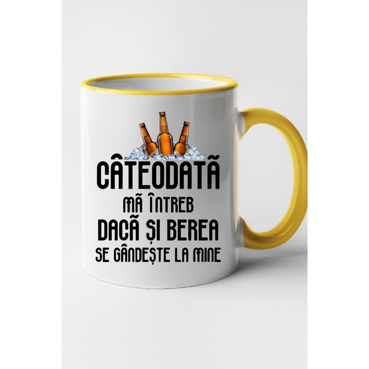 Cana personalizata cu imprimeu Cateodata ma intreb daca si berea se gandeste la mine, Ceramica, 330 ml, Maner si interior Galben