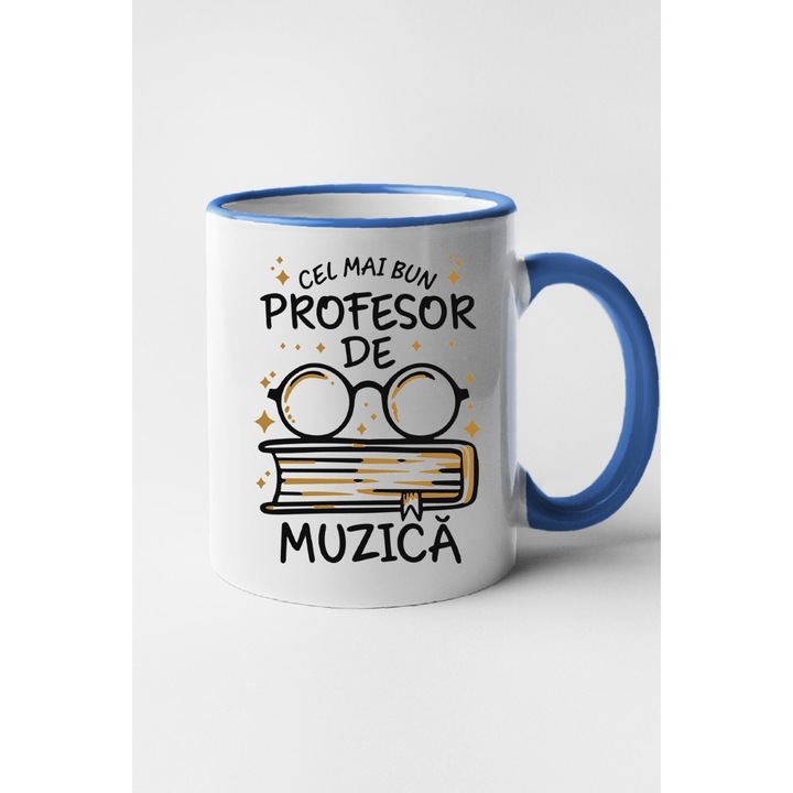 Cana personalizata cu imprimeu Cel mai bun profesor de muzica, Ceramica, 330 ml, Maner si interior Albastru