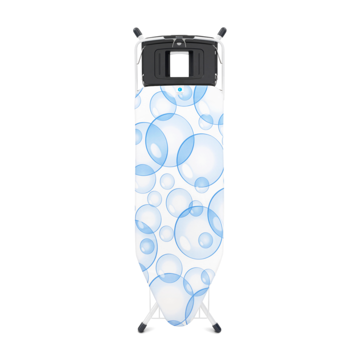 Masa de calcat C cu suport pentru fier de calcat si husa, otel/bumbac, alb albastru, 124x45 cm, Bubbles Perfect Flow, Brabantia