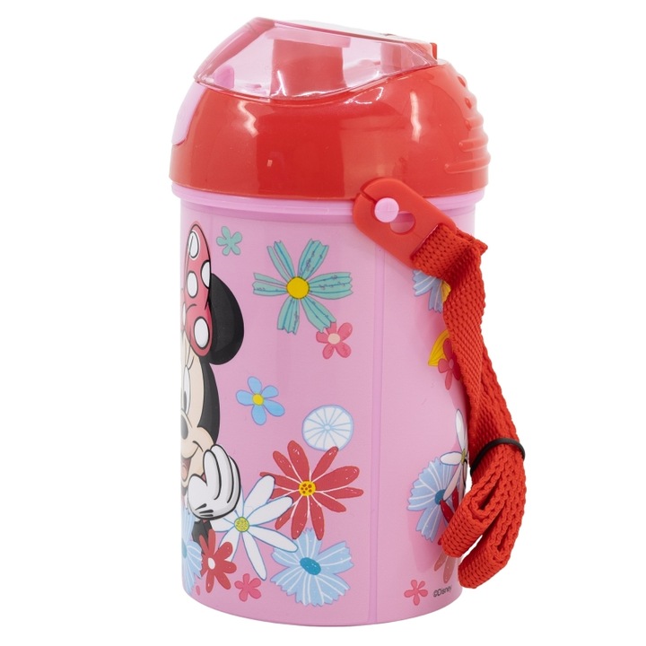 Műanyag flakon, Minnie Mouse Spring Look, szívószállal és fedéllel, 450 ml