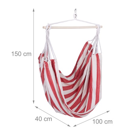 Hamac suspendat din bumbac, sarcina maxima 150 kg, interior/exterior, 150 x 100 x 40 cm, alb/rosu