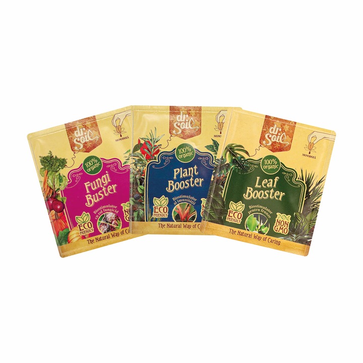 Pachet Dr.Soil pentru refacerea aspectului plantelor verzi infestate cu daunatori cu fungicid organic Fungi Buster 10ml, insecticid organic Bug Buster 10ml si biostimulator pentru intarirea imunitatii Plant Booster 10ml