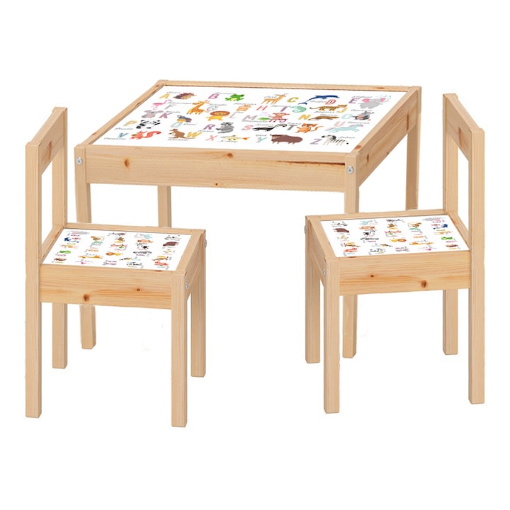 Set masuta cu 2 scaune pentru copii, lemn masiv, Alfabet, 48x63x45 cm