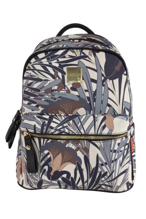 Rucsac pentru dama, alb/albastru cu imprimeu frunze, 33 cm