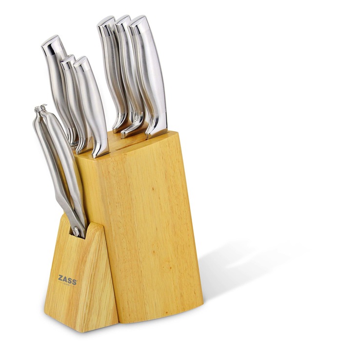 Zass Gourmet ZG-KS 06 késkészlet, öntött rozsdamentes acél, 8 db, ollóval, élezővel és fa tartóval, Ezüstszín