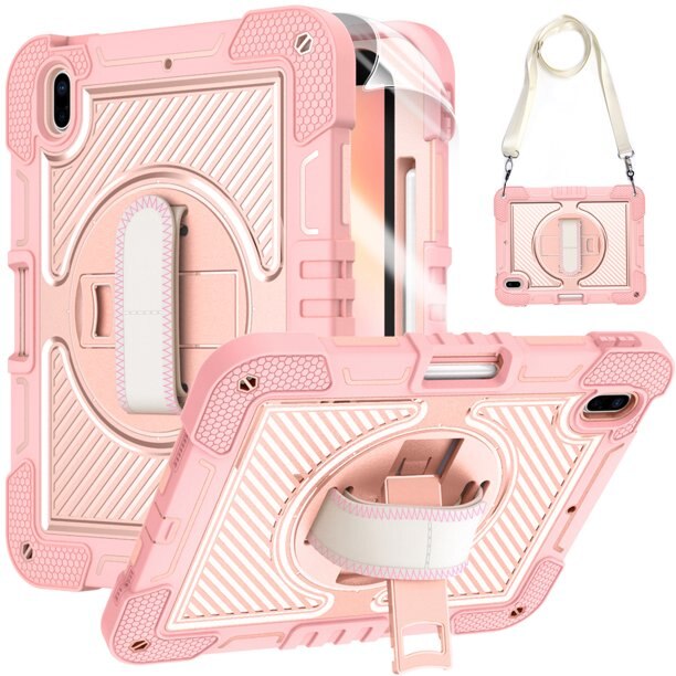 Husa de protectie pentru tableta Apple iPad Air 4/5 (2020/2022) / Pro 11 (2018/2020/2021/2022), cu bareta si stand, curea atasabila, Roz, KOF-BBL7863