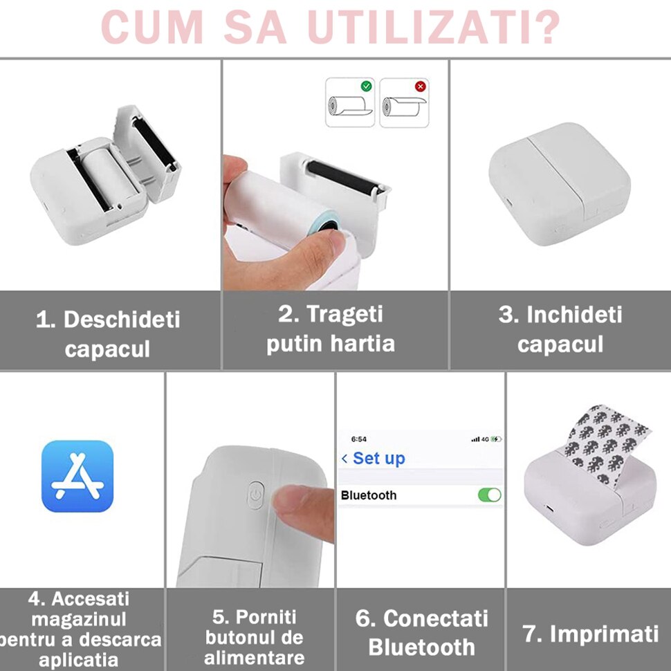Комплект Мини термален принтер и 10 хартиени ролки, Bluetooth, iOS ...