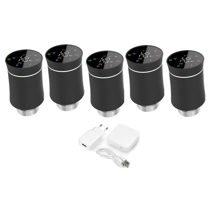 Kit automatizare smart radiatoare, 5 capuri Termostatate QTV, Monitorizare si automatizare temperatura ambientala, Wireless, Wifi, Afisaj Led, Lumina ambientala, hub Qsmart inclus, Control din telefon, Aplicatie iOS/ Android, negru