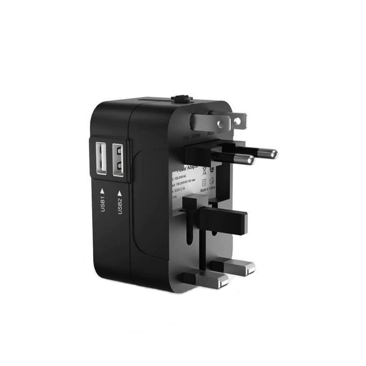 DexXer univerzális utazási töltő adapter 2xUSB-vel EU, USA, UK, AUST, fekete